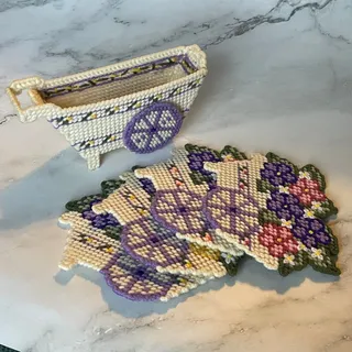 Photo of Vintage Plastic Canvas Floral Coaster Set Wagon Holder 5pc Handmade Needlepoint