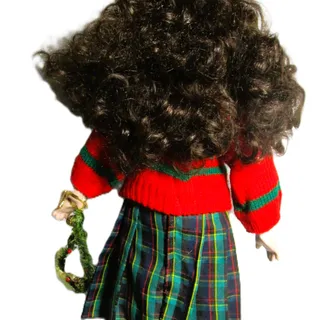 Photo of Collector Porcelain Christmas Doll 15 inches Red Sweater Plaid Skirt Wreath