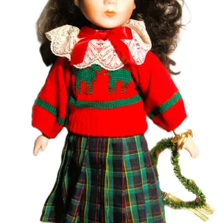 Photo of Collector Porcelain Christmas Doll 15 inches Red Sweater Plaid Skirt Wreath
