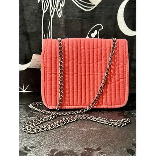 Photo of Coral Velvet Jeweled Guitar Crossbody Purse Rhinestone Embellished Chain Strap