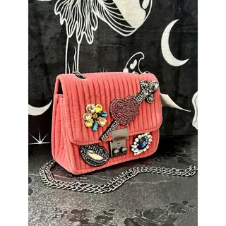 Photo of Coral Velvet Jeweled Guitar Crossbody Purse Rhinestone Embellished Chain Strap