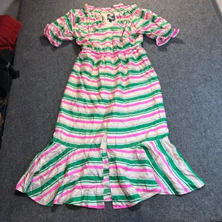 Photo of J. Crew Womens 6 Silk Twill Ruffleneck Pink Green Striped Midi Dress Pocket