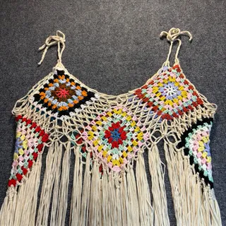 Photo of Womens Crochet Granny Square Fringe Dress Large L Cami Swim Cover Up Festival