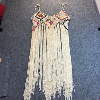 Photo of Womens Crochet Granny Square Fringe Dress Large L Cami Swim Cover Up Festival