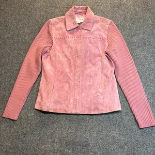 Photo of Vintage Y2K Live A Little Pink Real Suede Leather Knit Sleeve Jacket Small S
