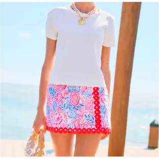 Photo of Lilly Pulitzer Tate Mini Skirt She Sells Shells Starfish Coral Lace Trim Size 0