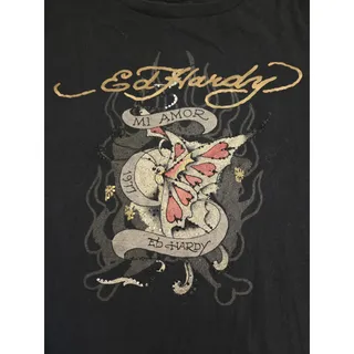 Photo of Ed Hardy Mi Amor Butterfly Cropped Baby Tee Black Rhinestone Size L