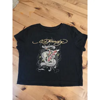 Photo of Ed Hardy Mi Amor Butterfly Cropped Baby Tee Black Rhinestone Size L
