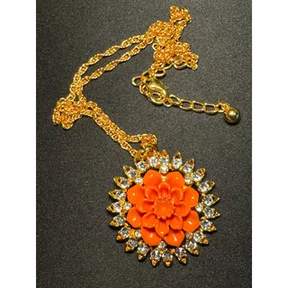 Photo of Vintage Kenneth Lane USA Orange Flower Crystals 22in Necklace