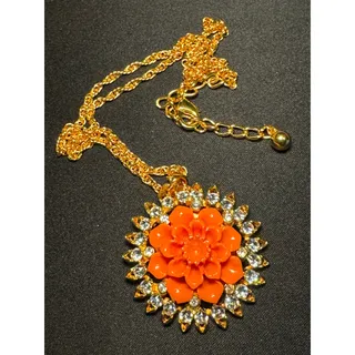 Photo of Vintage Kenneth Lane USA Orange Flower Crystals 22in Necklace