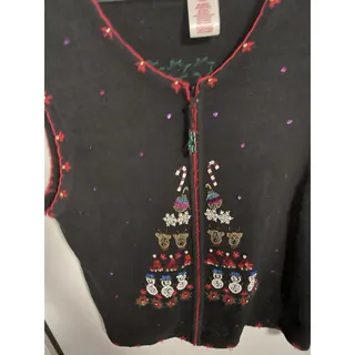 Photo of Ugly Christmas Sweater Vest Black Reindeer Snowman Candy Cane Trees Red Black Si