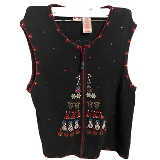 Photo of Ugly Christmas Sweater Vest Black Reindeer Snowman Candy Cane Trees Red Black Si