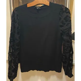 Photo of INC Women’s Black Sheer Lace Long Sleeve Knit Top Regular Fit stretch Sz S
