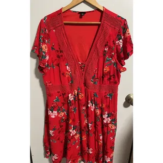 Photo of Torrid Mini Gauze Lace Up Skater Dress Size 2 Red Flutter Sleeve Free Shipping!