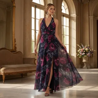 Photo of Siena Multicolor Dark Floral Halter Maxi Dress – Size 14 – NWT