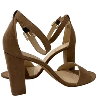 Photo of Nine West Pruce Tan Suede Block Heel Ankle Strap Sandals Size 9.5 M EUC