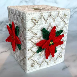 Photo of Vintage Christmas Poinsettia Plastic Canvas Tissue Box Cover Handmade Needlepoint