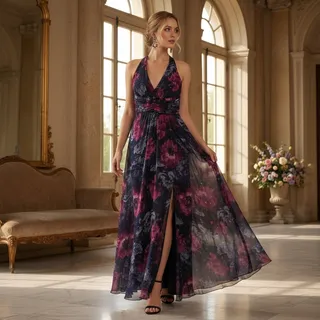 Photo of Siena Multicolor Dark Floral Halter Maxi Dress – Size 6 – NWT