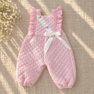 Photo of Vintage 1980s Baby Togs Pink Quilted Ruffle Rosette Romper | 6-9M | Made in USA