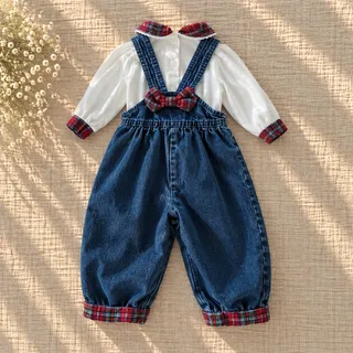 Photo of Vintage 1980s OshKosh B'Gosh Denim Overalls & Tartan Blouse Set | Girls 18M