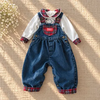 Photo of Vintage 1980s OshKosh B'Gosh Denim Overalls & Tartan Blouse Set | Girls 18M