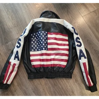 Photo of Vintage 80s 90s Urban Tan Leather USA Flag Bomber Jacket Mens ( L) Americana