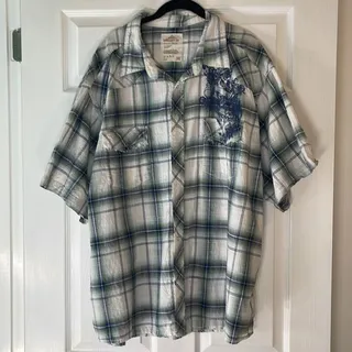Photo of Route Sixty Six Men’s 3XL Blue Plaid Skull Graphic Button Front Shirt