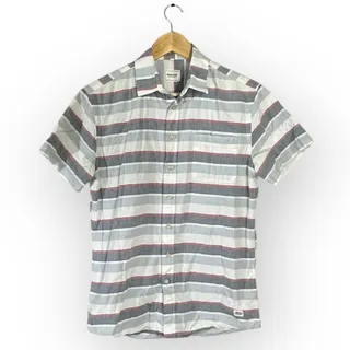 Photo of Frank & Oak Button Down Shirt Men Small White Gray Striped Short Sleeve Collared