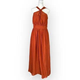 Photo of Birdy Grey Maxi Dress Women's Medium Rust Orange Tie Back Halter Sleeveless