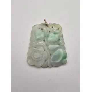 Photo of Vintage Chinese Carved Jade Pendant Plaque w/ 10K Yellow Gold Bail, Icy Green