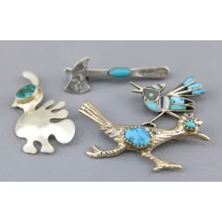 Photo of Vintage Southwestern Native American Sterling Silver & Turquoise Brooch Pin Lot 