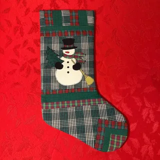 Photo of Vintage Plaid Christmas Stocking Snowman Applique 19” Holiday Decor