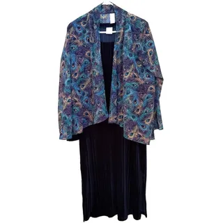 Photo of AVON Navy Velvet Dress & Peacock Feather Print Open Front Cover Up Set - L/XL