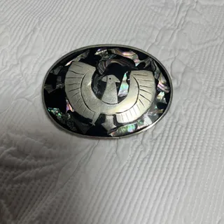 Photo of Belt buckle VTG Mexican inlaid silver eagle with abalone stone