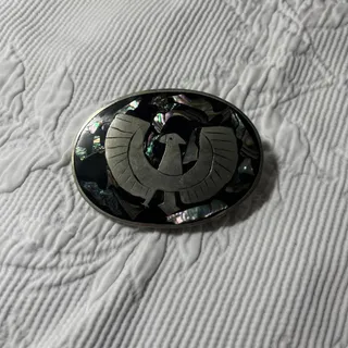 Photo of Belt buckle VTG Mexican inlaid silver eagle with abalone stone