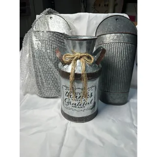 Photo of 3 Pc Galvanized Metal Farmhouse Decor Milk Can Vase Wall Pockets Rustic Set
