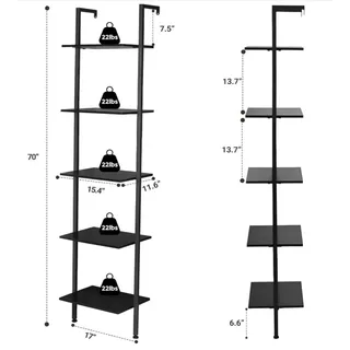 Photo of 5 Tier Ladder Shelf Wall Mounted Bookshelf Metal Frame Black 70" Tall