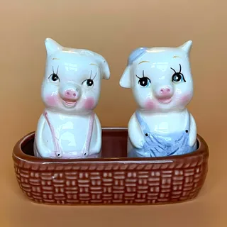 Photo of Vintage Pig Salt Pepper Shakers w Basket Holder Ceramic Taiwan 3pc Kitsch
