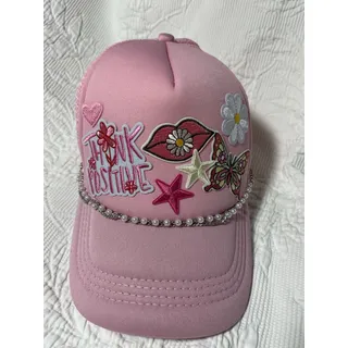 Photo of Custom Trucker Patch Hat Pink Adjustable Mesh Back Think Positive
