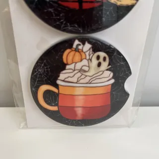 Photo of Custom Heat Printed Car Coasters Halloween Cat Fall Designs Set Of 2