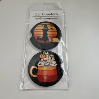 Photo of Custom Heat Printed Car Coasters Halloween Cat Fall Designs Set Of 2