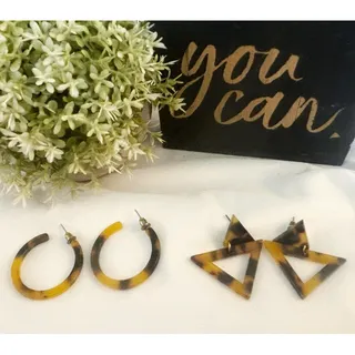 Photo of Tortoiseshell Hoop & Triangle Earring Set - Lightweight Statement Pair