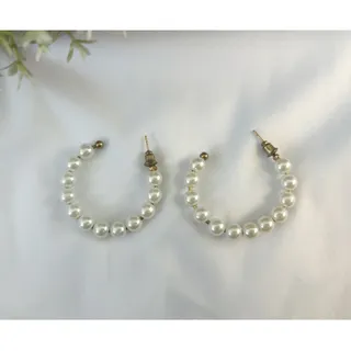 Photo of Faux Pearl Hoop Earrings Set Gold Tone Beaded Hoops Classic Minimalist Jewelry