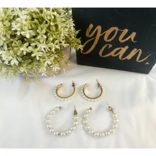 Photo of Faux Pearl Hoop Earrings Set Gold Tone Beaded Hoops Classic Minimalist Jewelry