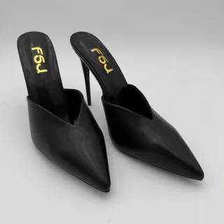 Photo of FSJ Heels Sz 13.5 US V-Cut Closed Toe Mules, Stiletto Black Pointed Toe  5"