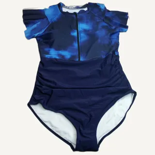 Photo of Blue Tie Dye One Piece Swimsuit Short Sleeve Zip Front - Women's L