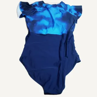 Photo of Blue Tie Dye One Piece Swimsuit Short Sleeve Zip Front - Women's L