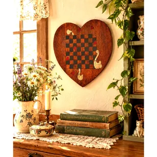 Photo of Heart shaped geese hearts wooden checkerboard wall decor VTG hand painted 90s