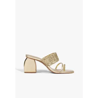 Photo of Schutz Aberdeen Mid Block Heel Sandal Tira Metallic 10 NWT Elevated Glam Chic