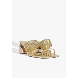 Photo of Schutz Aberdeen Mid Block Heel Sandal Tira Metallic 10 NWT Elevated Glam Chic